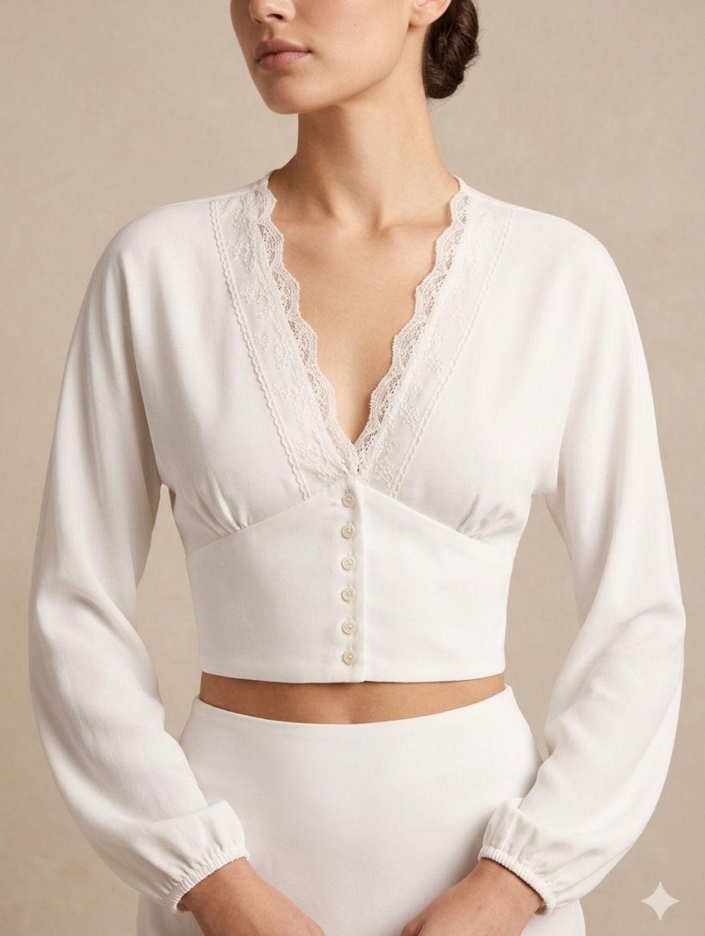 ICÔNE SIMONS WHITE LACE TRIM CROPPED BLOUSE V-NECK BUTTON FRONT LONG SLEEVE